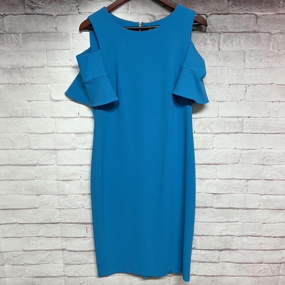 Calvin Klein Dress Womens 12‎ Blue Cold Shoulder Scuba Ruffle Flutter Sleeves